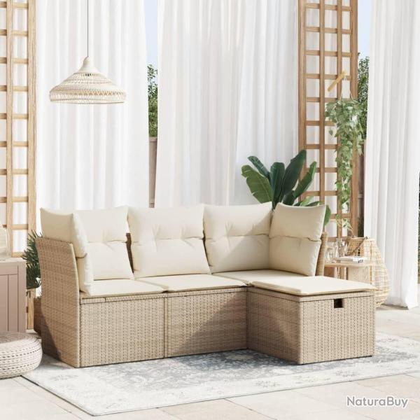 Salon de jardin avec coussins 4 pcs beige r�sine tress�e