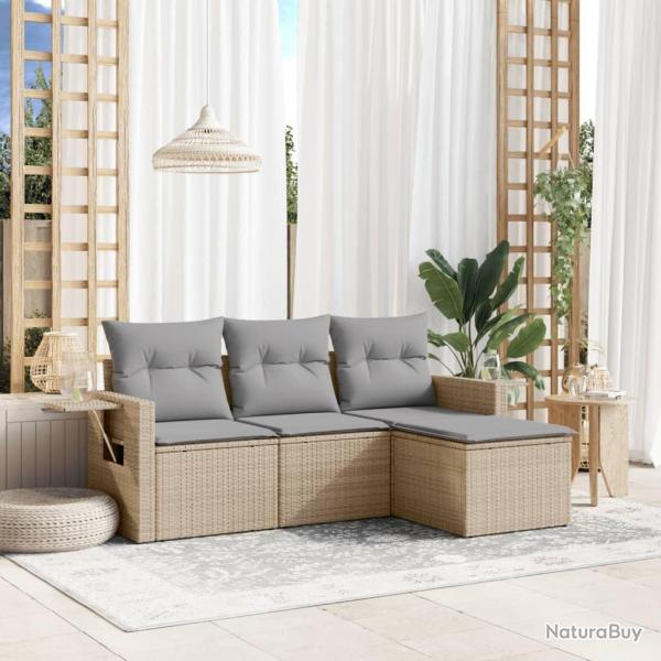 Salon de jardin avec coussins 4 pcs beige r�sine tress�e