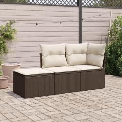 Salon de jardin avec coussins 3 pcs marron r&eacute;sine tress&eacute;e alsavelo