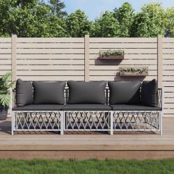 Salon de jardin avec coussins 3 pcs blanc acier
