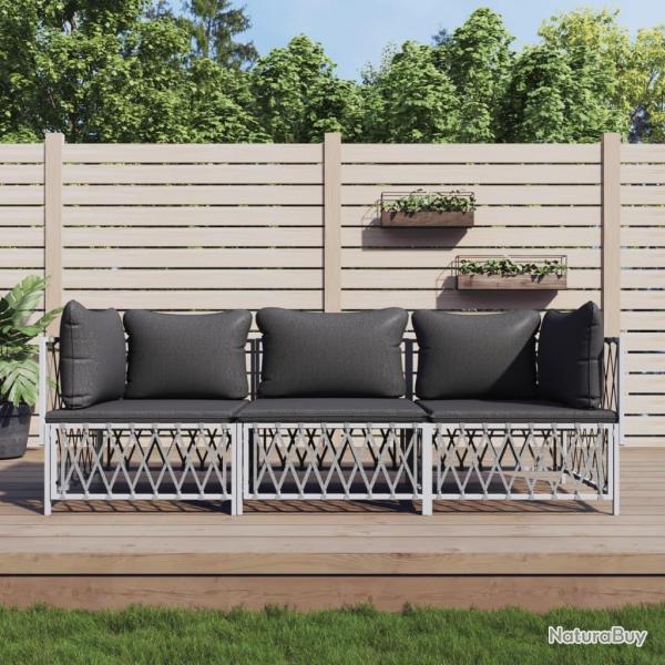 Salon de jardin avec coussins 3 pcs blanc acier