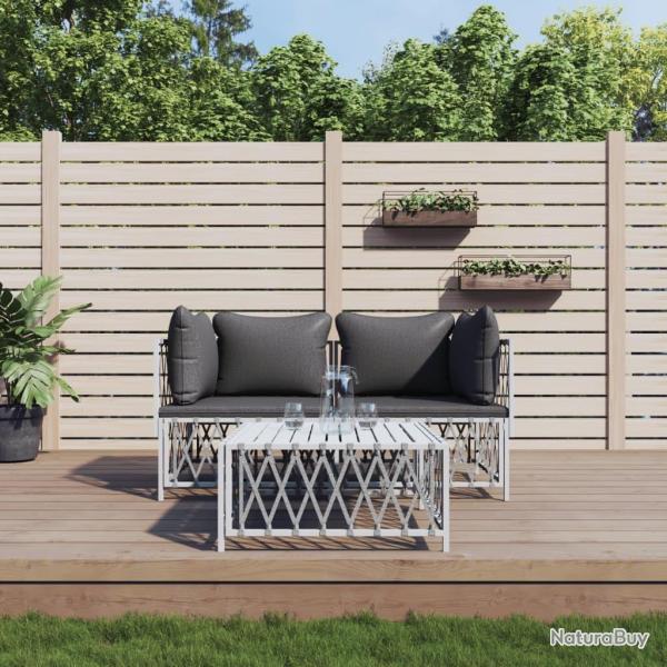 Salon de jardin avec coussins 3 pcs blanc acier