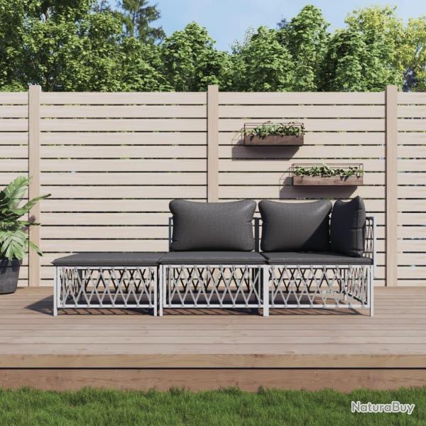 Salon de jardin avec coussins 3 pcs blanc acier