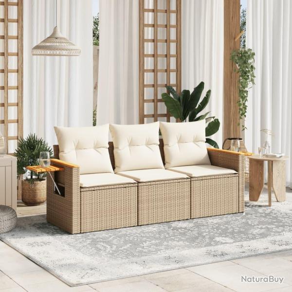 Salon de jardin avec coussins 3 pcs beige r�sine tress�e alsavelo