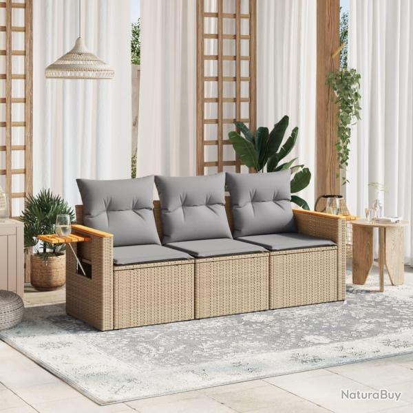 Salon de jardin avec coussins 3 pcs beige r�sine tress�e alsavelo