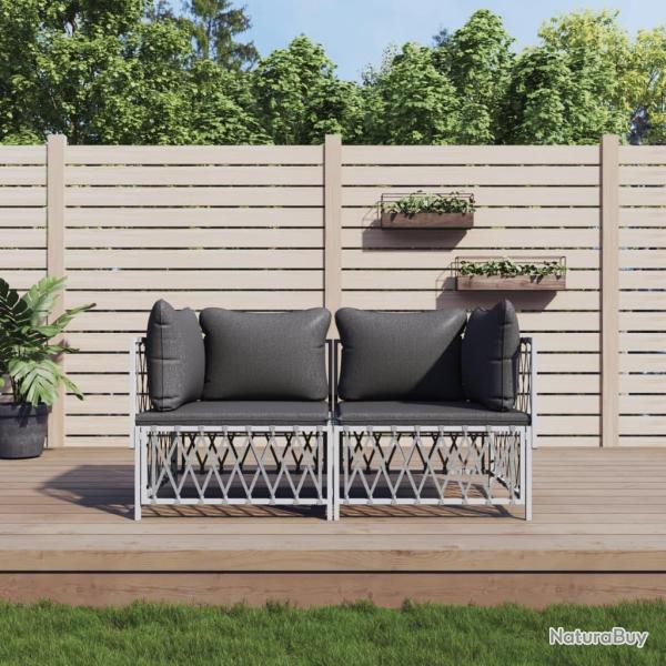 Salon de jardin avec coussins 2 pcs blanc acier