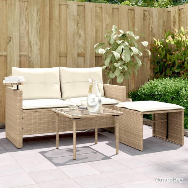 Salon de jardin avec coussins 3 pcs beige r�sine tress�e alsavelo