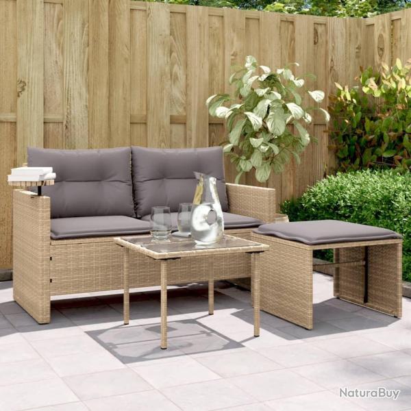 Salon de jardin avec coussins 3 pcs beige r�sine tress�e alsavelo