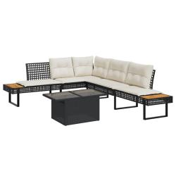 Salon de jardin avec coussins 2pcs noir r&eacute;sine tress&eacute;e et verre