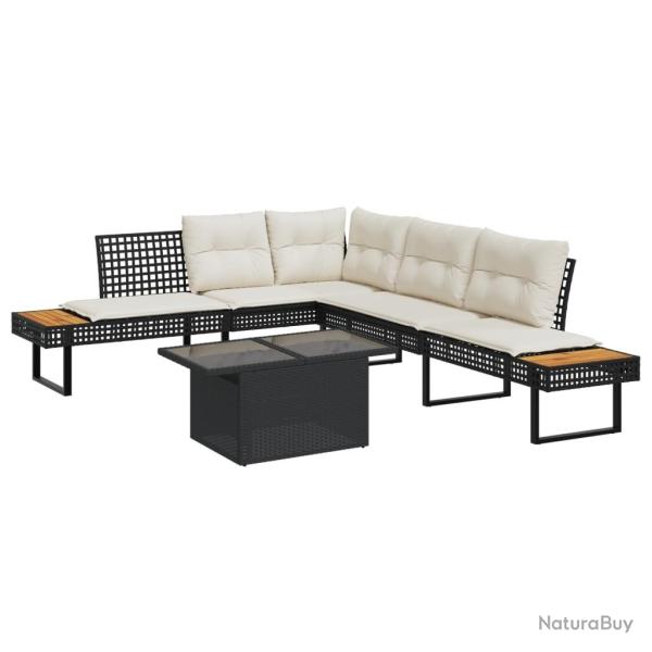 Salon de jardin avec coussins 2pcs noir r�sine tress�e et verre