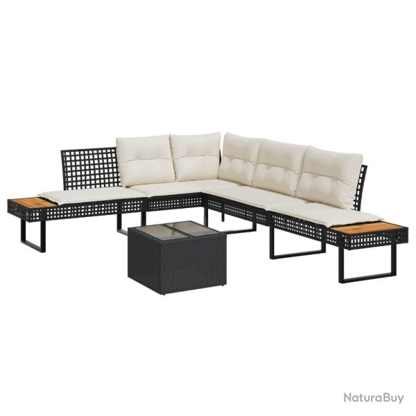 Salon de jardin avec coussins 2pcs noir r�sine tress�e et verre