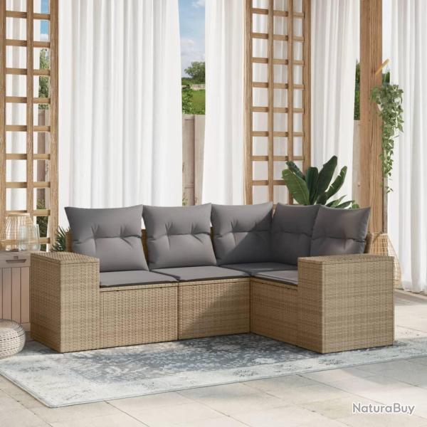 Salon de jardin avec coussins 4 pcs beige r�sine tress�e