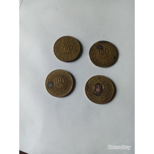 lot de 4 pi�ces tunisie  pi�ce de 100 millimes avec marques d'oxydation