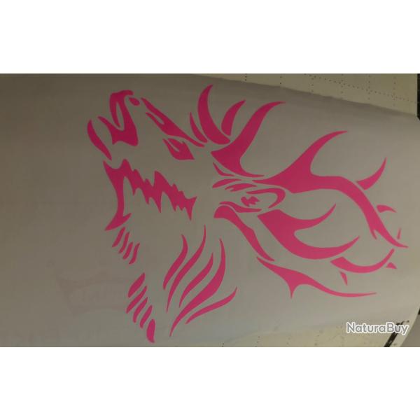Autocollant cerf au brame sp�cial chasseresse Rose fluo ! 22 cm d�co voiture camping car ou autres