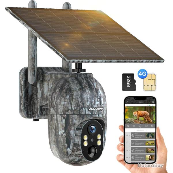 Cam�ra de Chasse 4G Solaire avec Carte SIM, 2,5K Vision Nocturne Infrarouge IP66 �tanche + SD 32GB