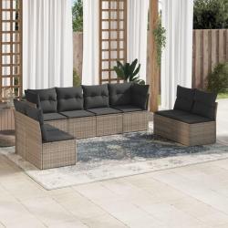 Salon de jardin 8 pcs avec coussins gris r&eacute;sine tress&eacute;e