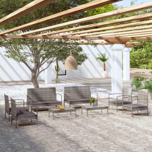 Salon de jardin 8 pcs avec coussins r�sine tress�e gris alsavelo