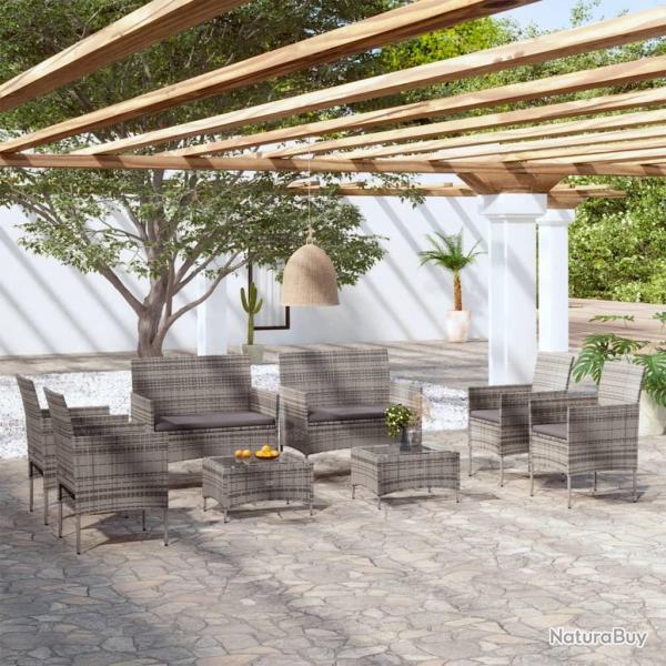 Salon de jardin 8 pcs avec coussins r�sine tress�e gris