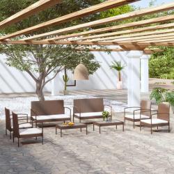 Salon de jardin 8 pcs avec coussins r&eacute;sine tress&eacute;e marron