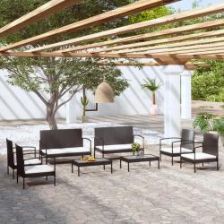 Salon de jardin 8 pcs avec coussins r&eacute;sine tress&eacute;e noir