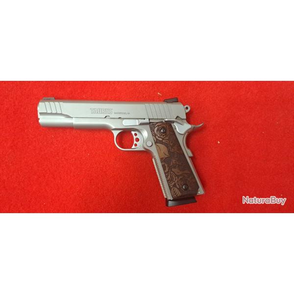 TAURUS PT 1911 STAINLESS CAL.45ACP NEUF + PLAQUETTE ROSE/SKULL BIEN BADASS + 50 MUNITIONS OFFERTES
