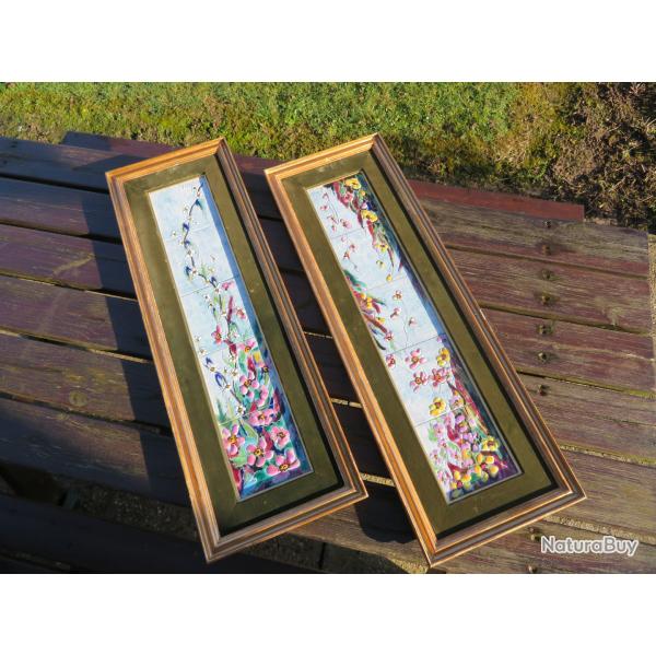 SAINT CL�MENT Rare paire de tableau en carreaux de fa�ence a d�cor polychrome de fleurs et feuillage
