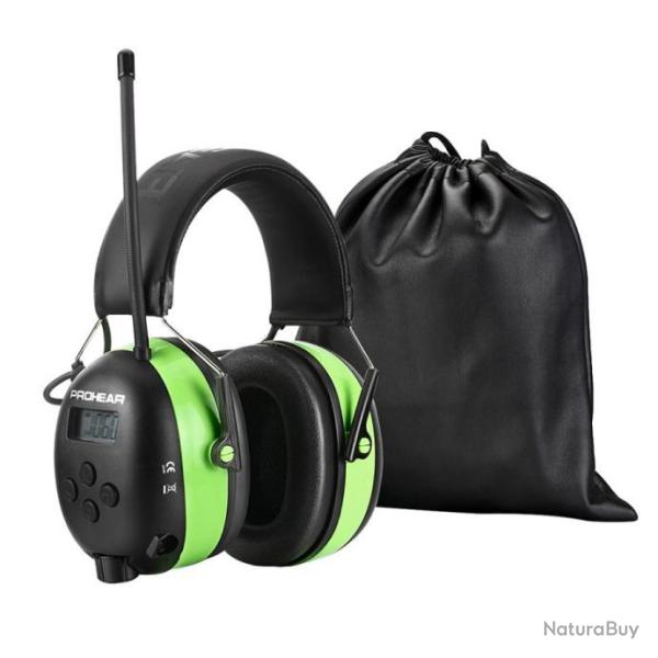 Casque de Protection Auditive Bluetooth AM/FM R�duction de Bruit 25 dB Batterie Rechargeable Vert