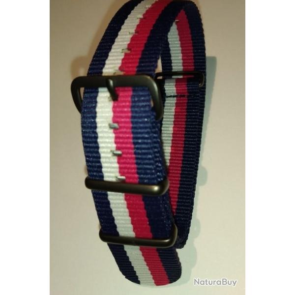 Bracelet de Montre Type NATO 20mm - Bleu Blanc Rouge / Boucles Inox Gunsmoke