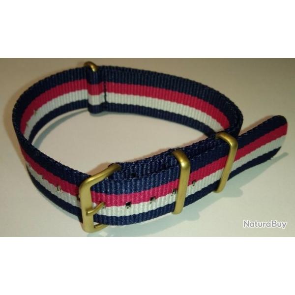NEUF Bracelet NATO 20mm - Bleu Blanc Rouge / Boucles Inox Dor�