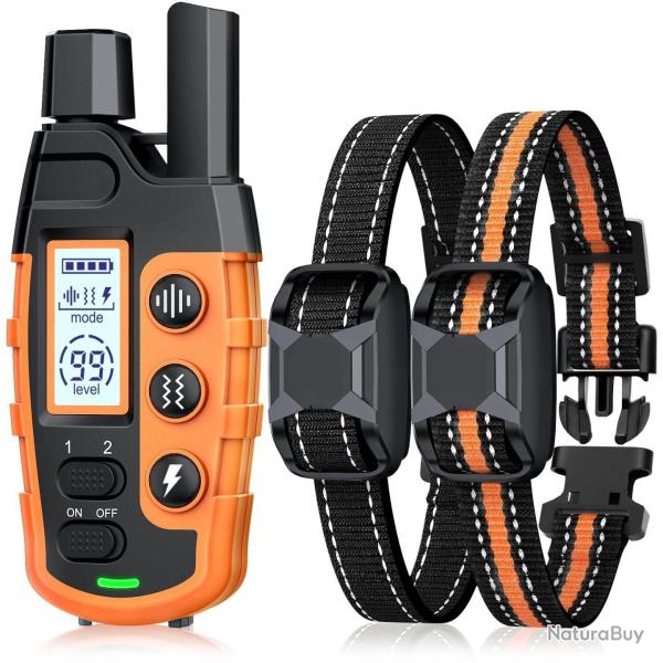 2 Colliers de Dressage Chiens Rechargeables 1100m �tanches IP67 Bip Vibration Stimulation Orange