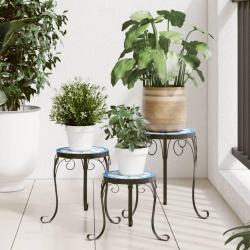 Supports pour plantes 3 pcs bleu et blanc c&eacute;ramique