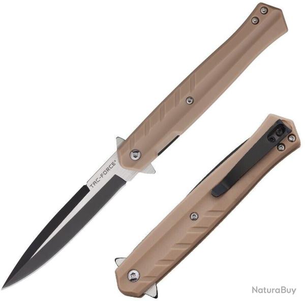 Couteau Tac-Force A/O Lame Spear Point Acier 3Cr13 Manche FRN Tan Liner Lock Clip TF2002TN
