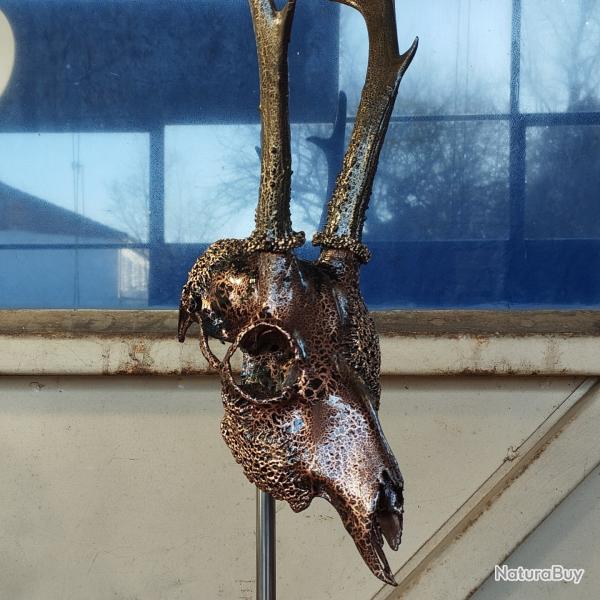 Petit cr�ne de chevreuil peint � la main cuivre et or 2 (support inclus)