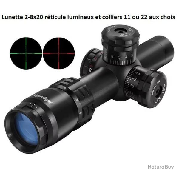 Lunette de tir compact 2-8x20 reticule Mil Dot lumineux avec colliers 11 ou 22 mm aux choix