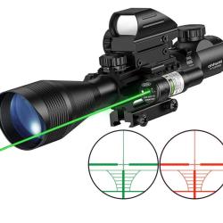 Lunette 4-12x50 r&eacute;ticule lumineux combo avec red dot et laser vert pour rail picatinny