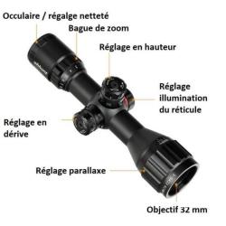 Lunette de tir 3-9x32 AOCE r&eacute;ticule lumineux Mil Dot compatible cal. 12 GA /.308/.338 colliers 11 ou