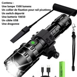 Lampe tactique 1500 lumens rechargeable par USB avec attache rail picatinny et switch d&eacute;port&eacute;