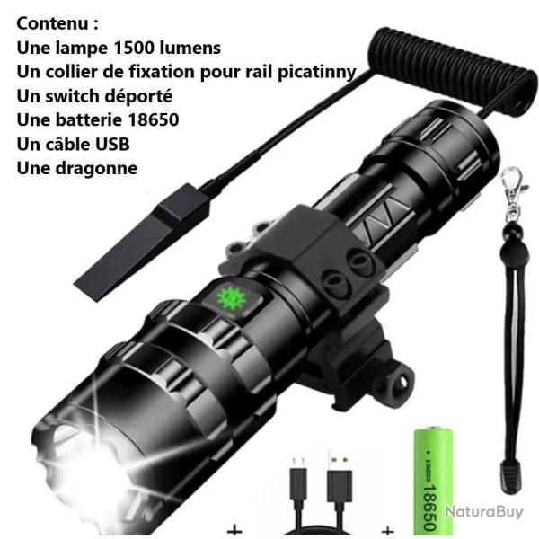 Lampe tactique 1500 lumens rechargeable par USB avec attache rail picatinny et switch d�port�