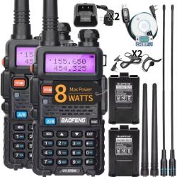 Talkie Walkie (X2) Baofeng UV-5R, 8 Watts, longue port&eacute;e 12km (compatible Chirp cable usb fourni)
