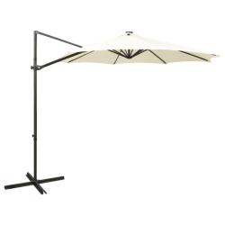 Parasol de jardin en porte-&agrave;-faux et m&acirc;t et lumi&egrave;res LED sable alsavelo