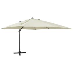 Parasol de jardin en porte-&agrave;-faux et m&acirc;t et lumi&egrave;res LED sable