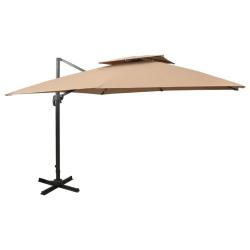 Parasol de jardin en porte-&agrave;-faux avec double toit taupe