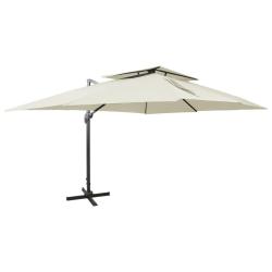 Parasol de jardin en porte-&agrave;-faux avec double toit sable