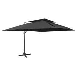 Parasol de jardin en porte-&agrave;-faux avec double toit noir alsavelo