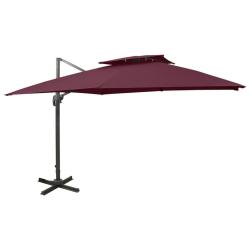 Parasol de jardin en porte-&agrave;-faux &agrave; double toit rouge bordeaux