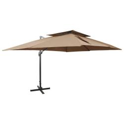 Parasol de jardin en porte-&agrave;-faux avec double toit taupe
