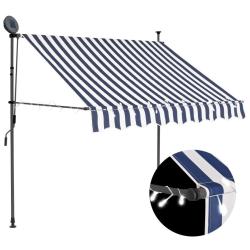 Auvent manuel r&eacute;tractable avec LED 150 cm Bleu et blanc