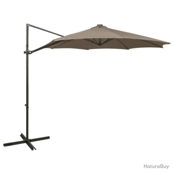 Parasol de jardin en porte-�-faux et m�t et lumi�res LED taupe