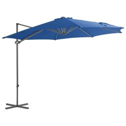 Parasol de jardin en porte-&agrave;-faux avec m&acirc;t en acier bleu azur&eacute; alsavelo