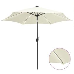 Parasol de jardin et lumi&egrave;res LED m&acirc;t en aluminium blanc sable